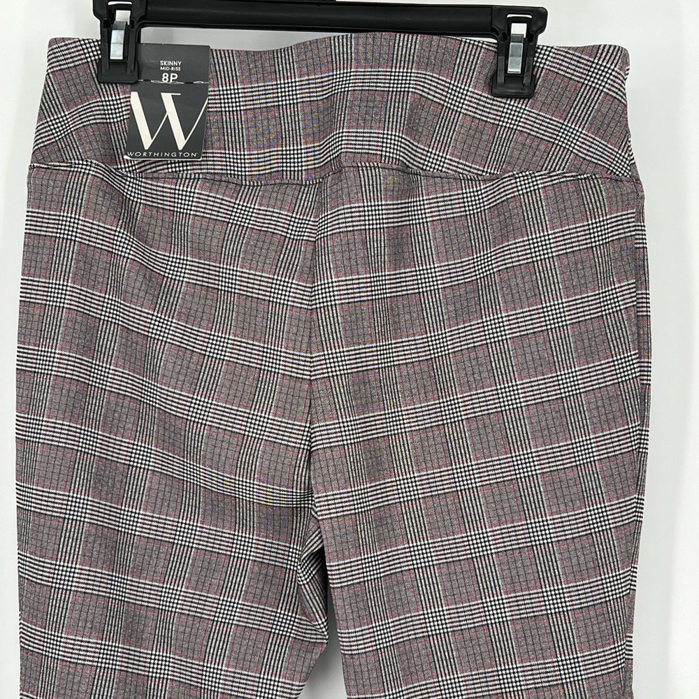 WORTHINGTON SKINNY MID-RISE PULLON BROWN RED WHT PLAID PANTS COMFORT WAIST PANEL